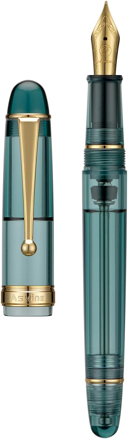 Asvine V126 Vacuum Filling Fountain Pen Gold Plated Fine Point, Transparent Teal Acrylic Pen Gift Case
