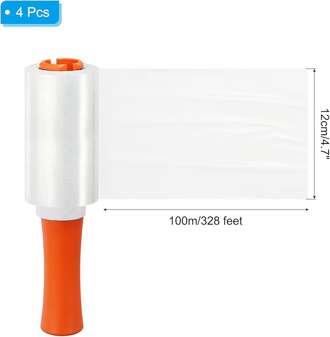 PATIKIL 4.7" x 328 Feet Stretch Wrap Roll, 4 Pack 80 Gauge/20 mic Thick Mini Shrink Stretch Film Industrial Clear Plastic Wrap with Handle for Box Packing Shipping Moving