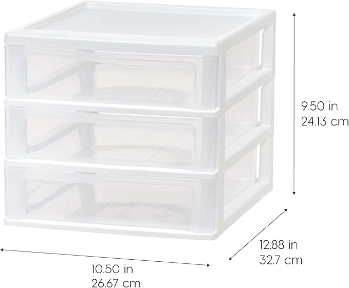 IRIS USA Medium 3-Drawer Desktop Organizer with Open Tray Top, 2 Pack, Plastic Drawer Storage Container for Stationery Art Craft Supplies, White