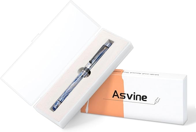 Asvine V126 Vacuum Filling Fountain Pen Blue Swirl Acrylic, Medium Nib Large-Capacity with Gift Case