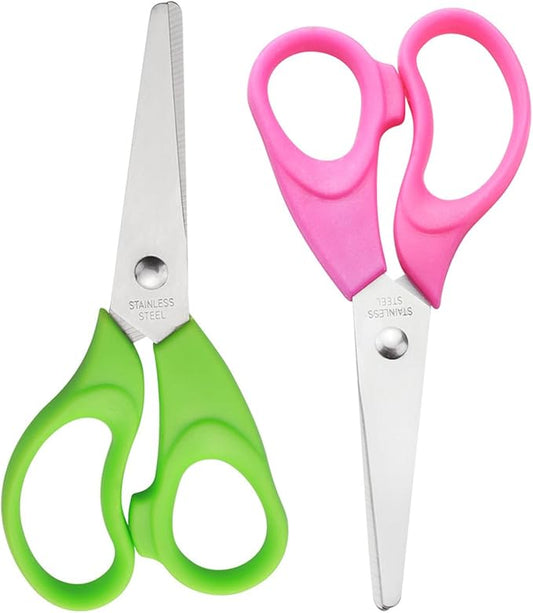 Kids Scissors, Blunt-Tip Scissors Stainless Steel Blades & plastic handle, Scissors for School or Crafting, Back to School Supplies,13.5cm, 2 Pack (GREEN+PINK)