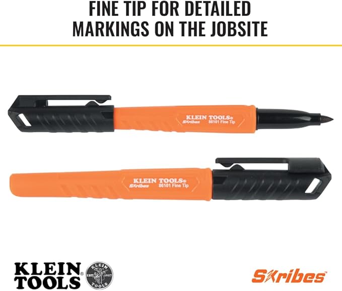 Klein Tools 8610112 Skribes Fine Tip Permanent Markers, Professional-Grade Ink, Multi-Surface Jobsite Marker for Wet, Dry and Oily Surfaces, Black, 12-Pack