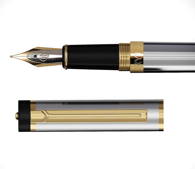 Dryden Designs Fountain Pen Medium Nib Gift Pouch - with 24 Ink Cartridges - MCM (Metallic Silver)