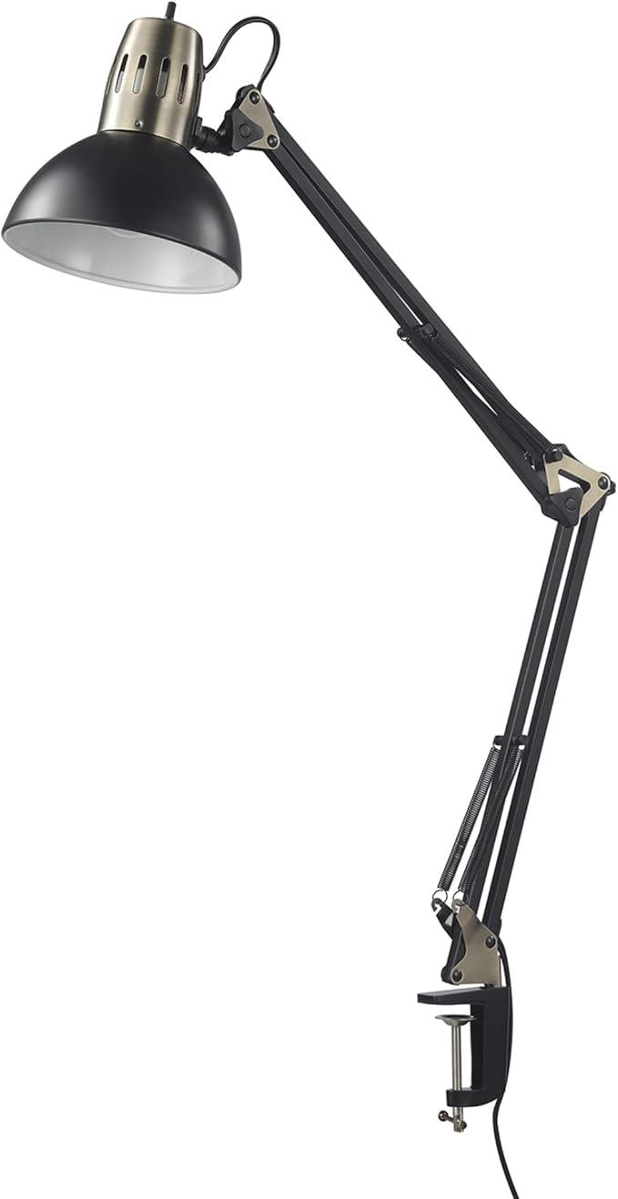 Globe Electric 62000009 32" Multi-Joint Desk Lamp with Metal Clamp, Matte Black, Antique Brass Accents, On/Off Rotary Switch on Shade, Partially Adjustable Swing Arm, Home Décor, Office Accessory