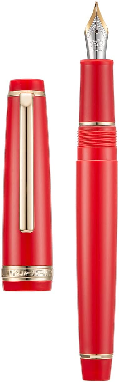 Jinhao 82 Red Acrylic Fountain Pen, Iridium Fine Nib Classic Design Smooth Writing Pen with Ink Converter (Gold Trim)
