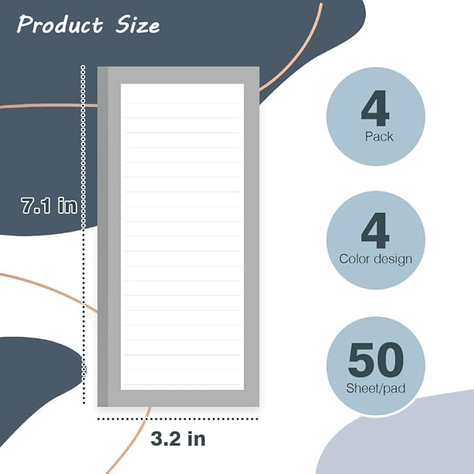 4 Pack Magnetic Notepads for Refrigerator, Full Magnet Back Design Magnetic Memo Pads, 50 Sheets per Note Pads To-Do List, Shopping List (Simple Style)