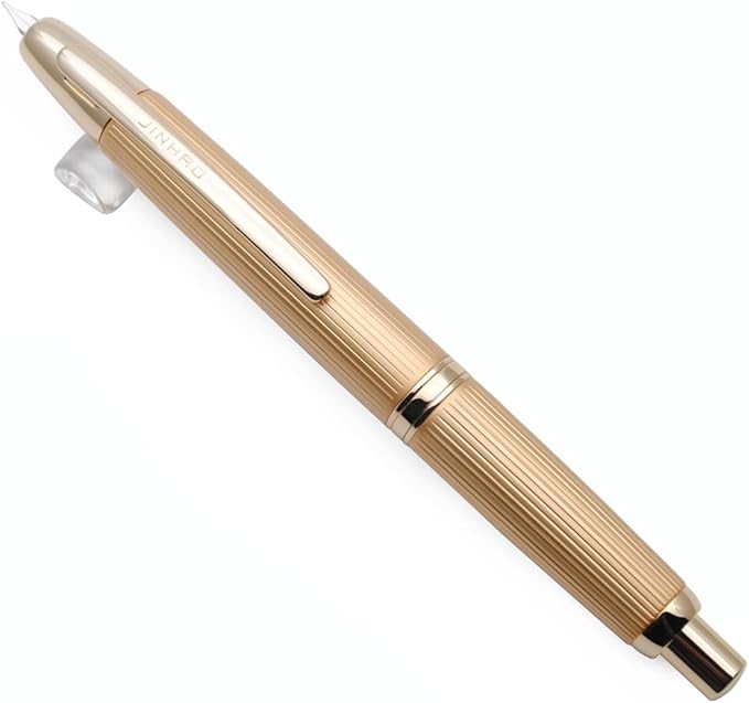 JINHAO 10 Press Fountain Pen, Retractable Metal Pen with Ink Converter (F Nib 0.5mm, Striated Golden)