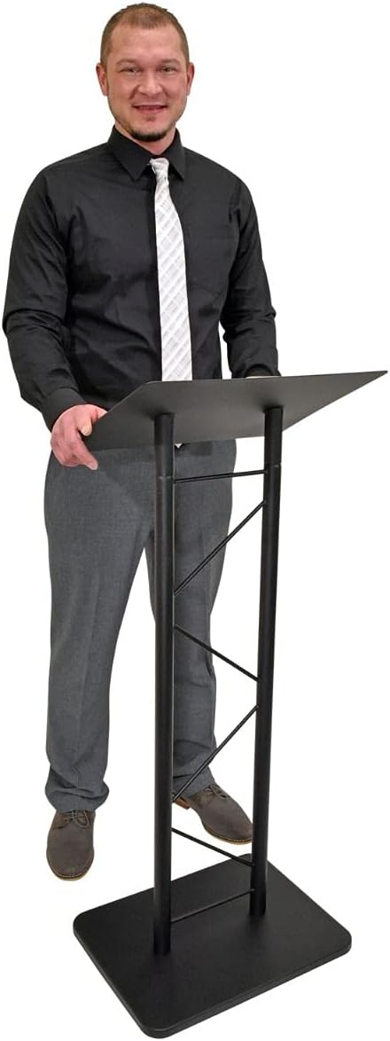 Kingdom KML7B Large Portable Lectern, Stand Up Church Pulpit, Slanted Lectern, Conference Podium for Speakers, Speeches and Other Occasions- Truss Lectern, Black Powder Coat Finish, Metal
