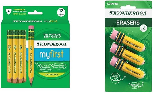 Ticonderoga My First Short Triangular Wood-Cased Pencils, 2 HB Soft, 12 Count Erasers, Pencil Shaped, 3-Pack Bundle