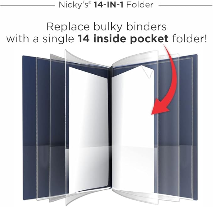 Nicky's® Multi Pocket Organizer, 10 or 14 Page Folder, Waterproof, Patented Tear-Resistant, Flexible Plastic, Proudly Made in USA, Binder Substitute. (14-in-1 Navy Blue)