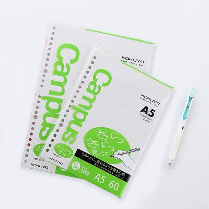 Kokuyo Campus Loose Leaf Paper for Binders, Sarasara Smooth Writing Paper, B5, A 5mm Graph, 26 Holes, 50 Sheets, pH Neutral, Bleed Resistant, 75gsm, Japan Import (NO-807S-5)