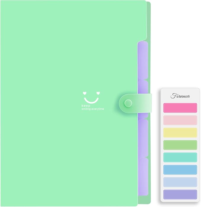 Forvencer Accordion File Organizer, Letter Size, 5 Pocket Expanding File Folder, Cute File Folder with Labels, Portable File Organizer for School Office Supplies, Folders for Documents, Green