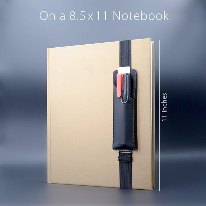 Adjustable Elastic Band Pen Holder, Pencil Holder, Pen Sleeve Pouch for Hardcover Journals, Notebooks, Planners, Binders, Fit Notebooks from 8" to 11” in Height, PU Leather, Detachable, Black
