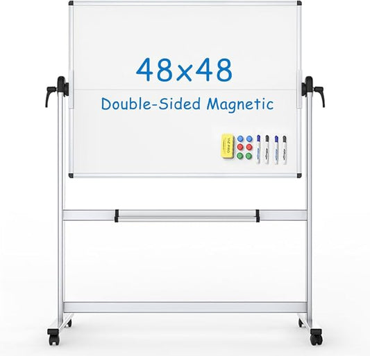 VIZ-PRO Double-Sided Mobile Whiteboard, 48 x 48 Inches, Magnetic Rolling Dry Erase White Board on Wheels with Aluminium Frame and Stand