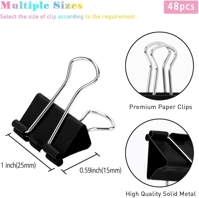 Binder Clips, 48 Pack, 1 Inch, Standard 25mm Clamps, Black, Capacity 0.47 Inch, Small Clips, Small Binder Paper Clips, Small Size, Small Paper Clips, Office Clips
