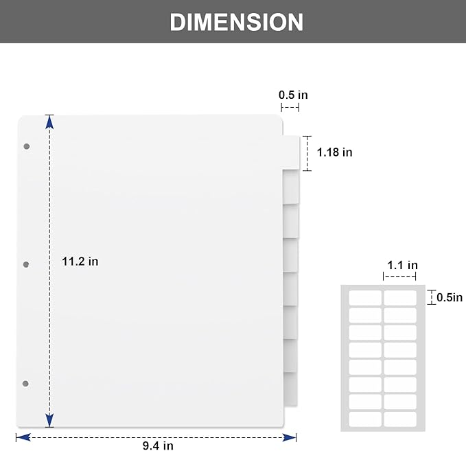 3 Ring Binder Dividers with 8 Tabs, 2 Set 8 Dividers Binder, 1/5 Cut Tabs, Letter Size Binder Dividers White, Sheet Protectors 8.5" x 11", 3 Hole Punch Dividers 8 Tab Sets, Total 16 Dividers
