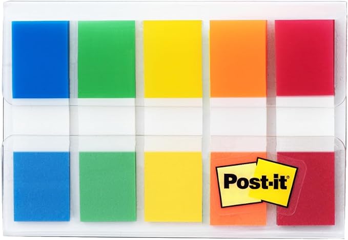 Post-it Flags in Portable Dispenser, 100 Flags/Pack, .47 in x 1.7 in, 20 Each of Red, Bright Orange, Yellow, Green, and Blue (683-5CF)