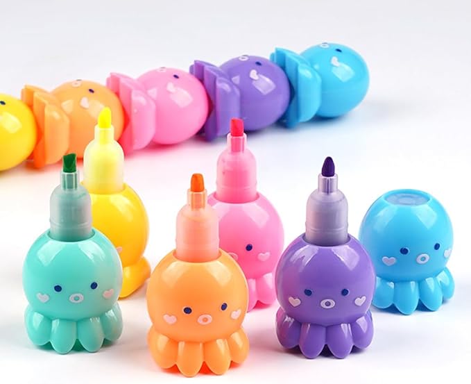 Set of 5 Octopus Color Highlighter Markers with 1 Blue Cap, Highlighter Pens for School & Office.