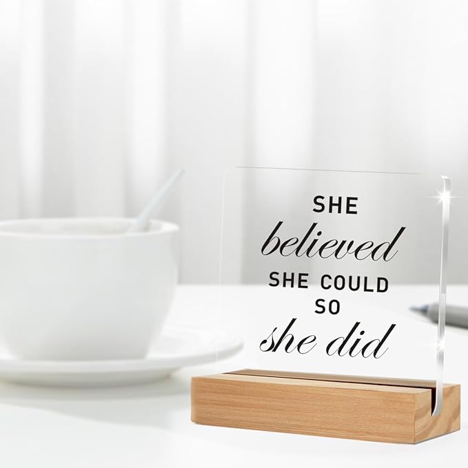 Congratulations Gifts for Women, She Believed She Could So She Did DeskClear Decorative Acrylic Sign With Wooden Stand for Desk Table Shelf
