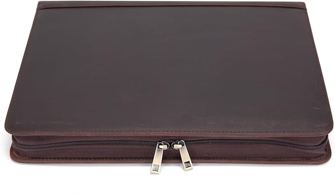 Genuine Leather Portfolio Binder, Zippered Padfolio for Men Women, Business Folio with 8.5” x 11” Notebook Holder and 13” Laptop Sleeve, Professional Executive Folder, Dark Brown