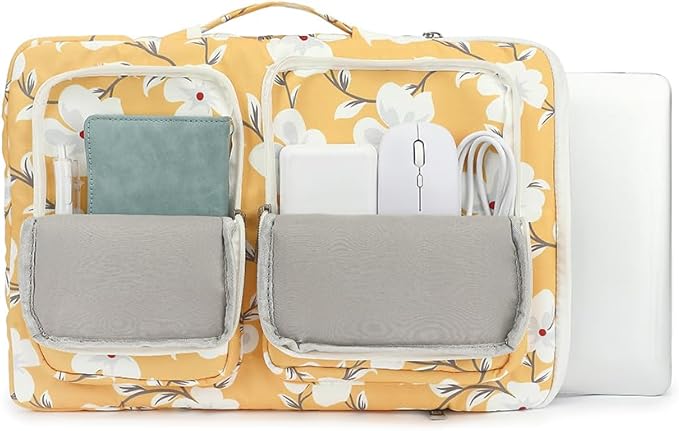 canvaslife 360° Protective Laptop Sleeve Case Bag with 4 Pockets for MacBook Pro 16 inch and 15 inch-15.6 inch Laptop (Yellow flower)