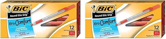 BIC Round Stic Grip Xtra Comfort Ballpoint Pen, Medium Point (1.2mm), Red, 12-Count (Pack of 2)