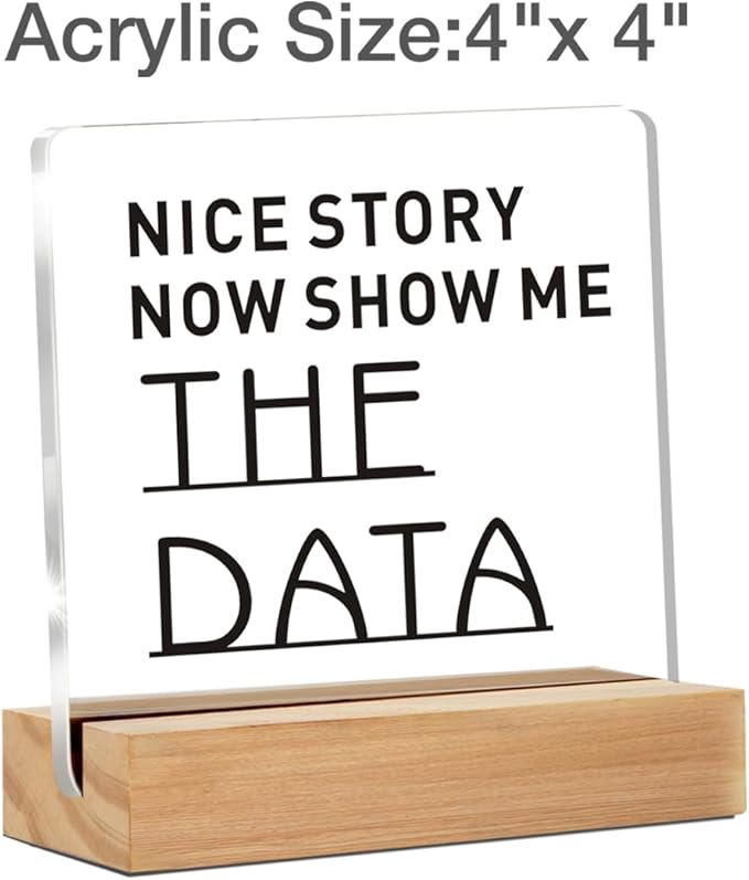 Funny Office Desk Decor, Cool gifts for Coworker, Show Me The Data Clear Decorative Acrylic Sign With Wooden Stand for Office Desk Table Shelf (4 x 4 Inches)