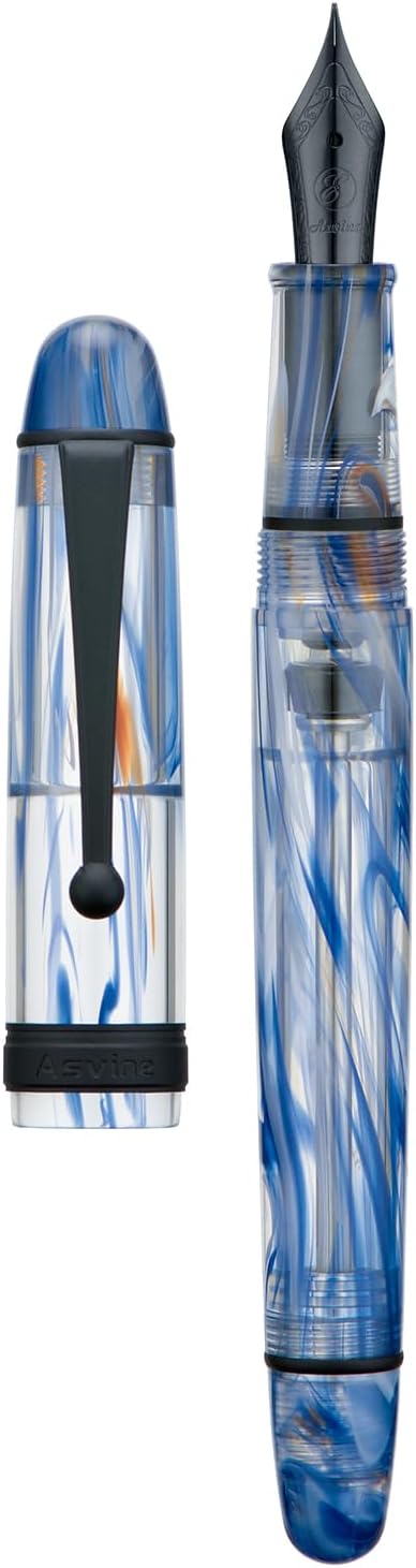 Asvine V126 Vacuum Filling Fountain Pen Blue Swirl Acrylic, Medium Nib Large-Capacity with Gift Case