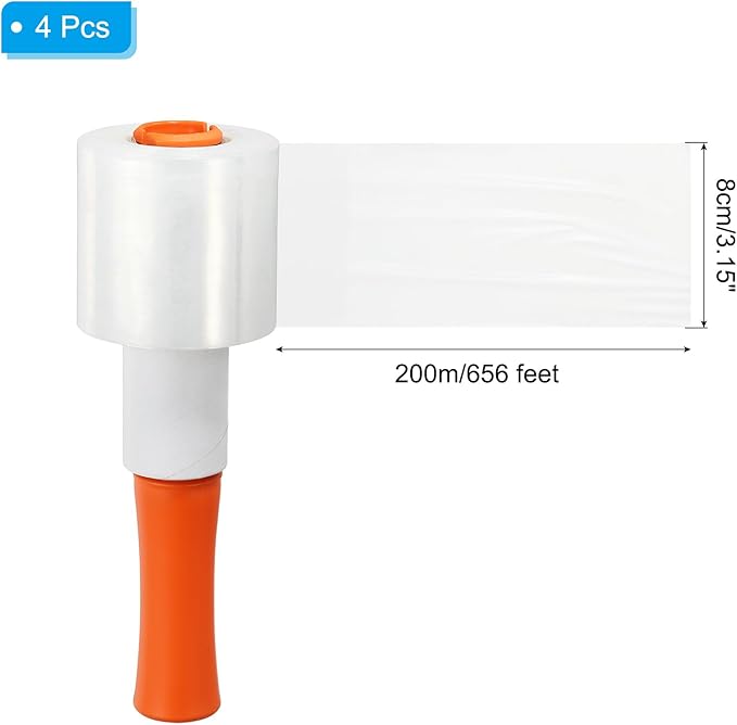 PATIKIL 3" x 656 Feet Stretch Wrap Roll, 4 Pack 80 Gauge/20 mic Thick Mini Shrink Stretch Film Industrial Clear Plastic Wrap with Handle for Box Packing Shipping Moving