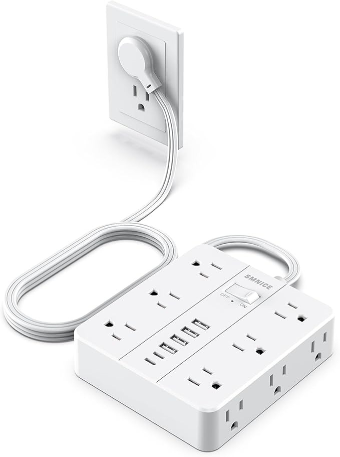 Power Strip Flat Plug with 12 Outlets 6 USB(2 USB C),SMNICE Surge Protector Charging Station with Overload Protection,5ft Extension Cord Widely Spaced Multiple Outlets for Home Office Dorm Essentials