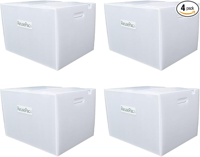 Reusable Foldable Box Corrugated PP, Storage Moving, Heavy Duty Stackable, Tape Free Self-Locking Lid, Handles for Business Home Lightweight In/Outdoors X-Large (nWhite, 18x14x12 in)