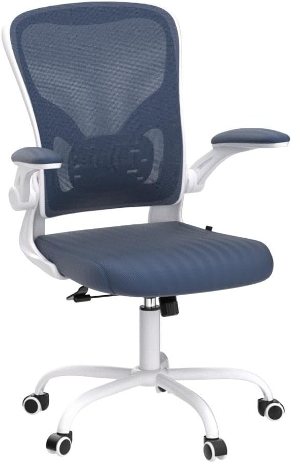 Flysky Ergonomic Office Desk Chair Breathable Mesh Swivel Computer Chair, Lumbar Back Support Task Chair, Office Chairs with Wheels and Flip-up Arms, Adjustable Height(White & Blue)