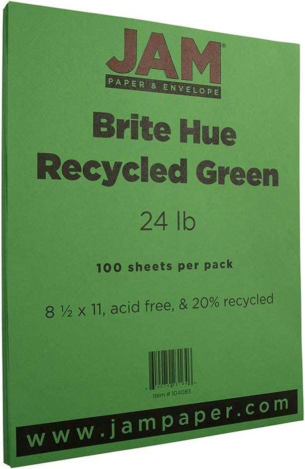 JAM PAPER Colored 24lb Paper - 90 gsm - 8.5 x 11 - Green Recycled - 50 Sheets/Pack