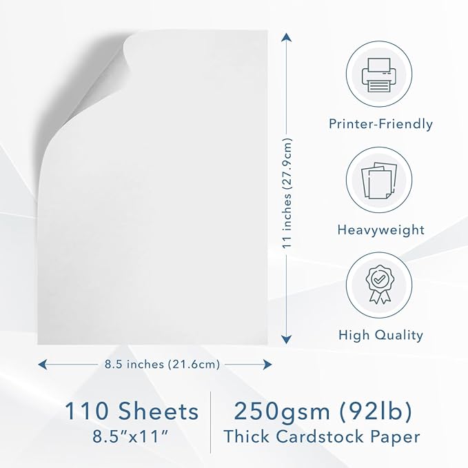 MOS White Cardstock Paper - 8.5" x 11" Heavy Card Stock (110 Sheets) - For Crafting, Resume Paper, Business Cards, Invitations, Menus & Certificates - Smooth Finish, Printer-Friendly
