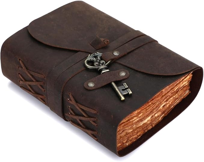 Fausta Vintage Handcrafted Leather Journal with Key for Writing, 240 Pages 8 x 6 inches, Deckled Cotton Paper Notebook/Diary for Men and Women 150 GSM Drawing/Sketchbook, Rustic Brown
