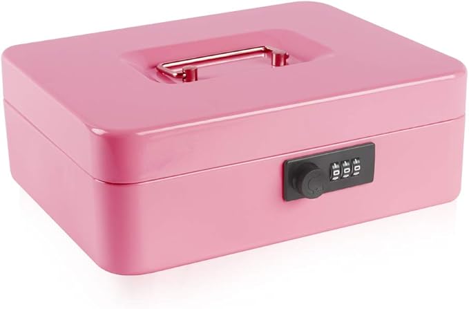 KYODOLED Safe Metal Cash/Money Box with Combination Lock, Money Tray for Security 9.84"x 7.87"x 3.54" Pink, Large