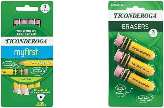 Ticonderoga My First Short Triangular Wood-Cased Pencils, 2 HB Soft, With Erasers, Yellow, 4 Count Pencil Bundle With Erasers, Pencil Shaped, Latex-Free, Yellow, 3-Pack