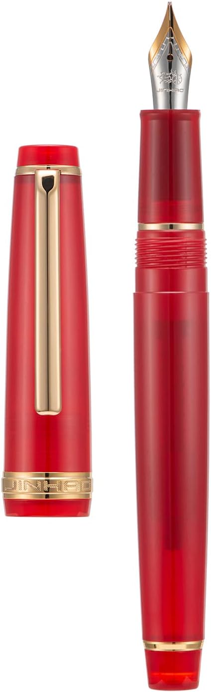Jinhao 82 Acrylic Fountain Pen, Iridium Fine Nib with Ink Converter, Transparent Red Classic Design Smooth Writing Pen (Gold Trim)