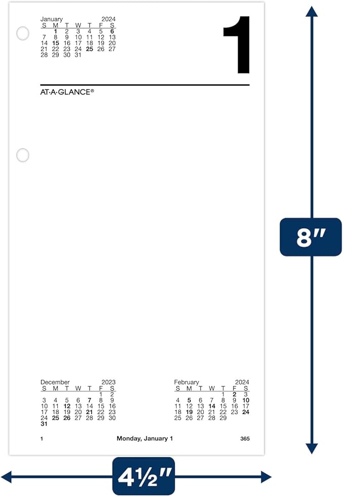 AT-A-GLANCE 2024 Daily Desk Calendar Refill, 4-1/2" x 8", Large, Loose-Leaf (E2105024)