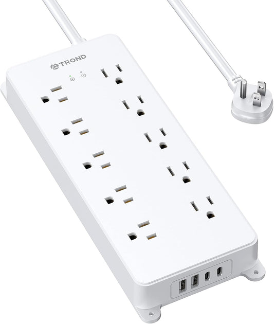 TROND Surge Protector Power Strip, 4000J, ETL Listed, 10 Widely Spaced Outlets, 2 USB C and 2 USB A Ports, Flat Plug 5ft Extension Cord, Wall Mountable, Under Desk Power Strip for Home Office, White