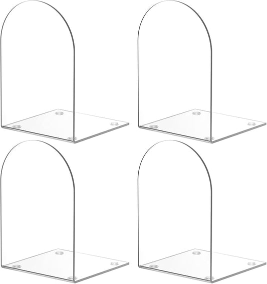 Acrylic Bookends 4 Pieces, Book Ends for Shelves, Clear Bookends for Book Shelves and Desktop Organizer, Transparent Bookends to Hold Books for Home Office Supplies