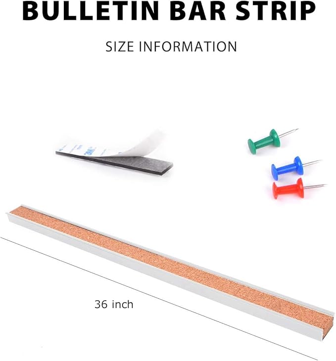 Corksidol Bulletin Bar Strip, Cork Board, Cork Strips, 36" x 1", Classroom, Office, Walls, Cubicle, Aluminum Frame,1 Pack, Silver