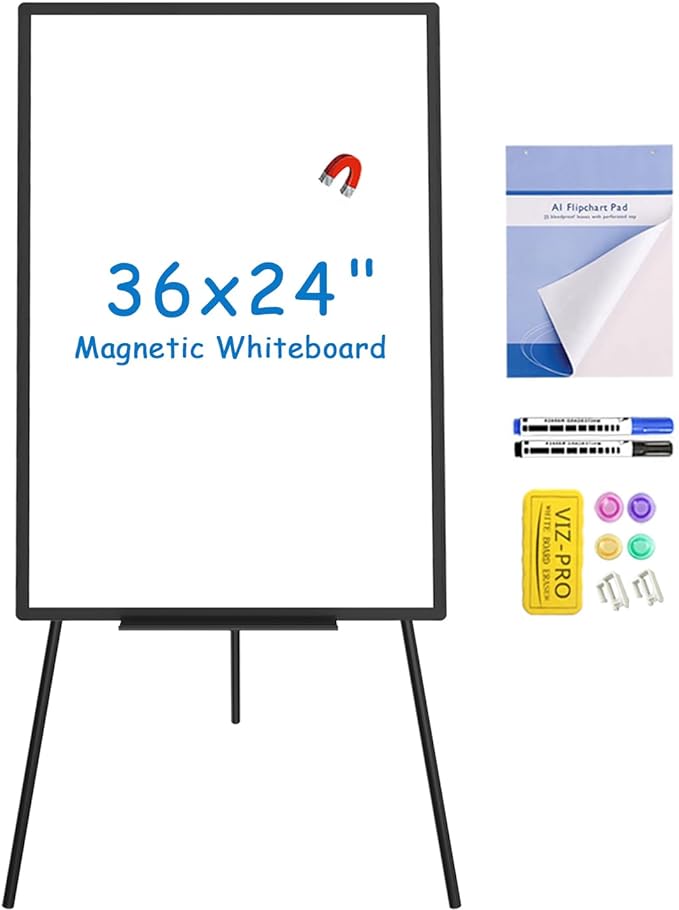 VIZ-PRO Magnetic Whiteboard Easel Black, 36 x 24 Inches, Portable Dry Erase Board Height Adjustable for School Office and Home