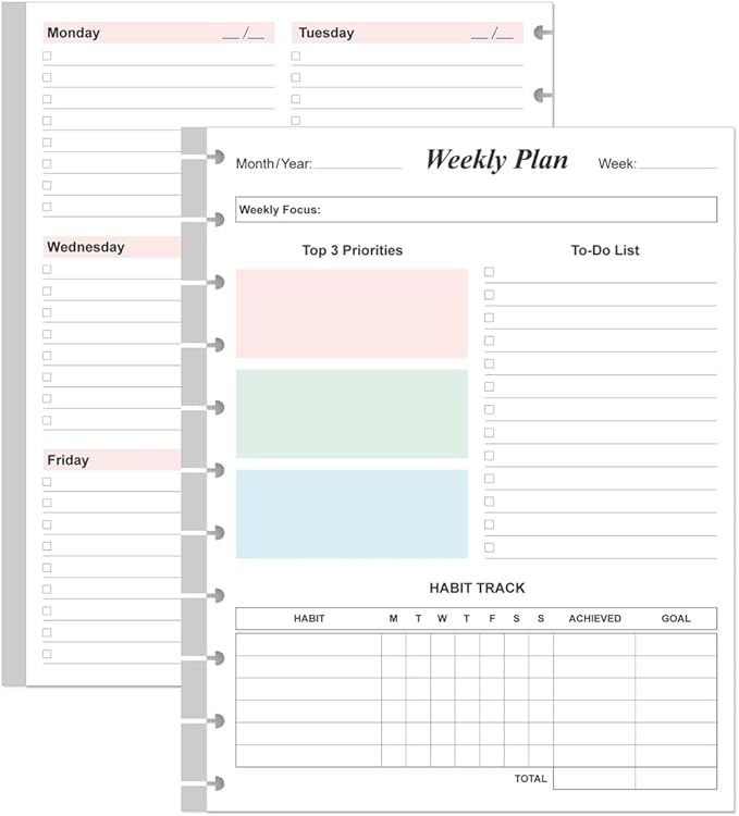 Weekly Planner Undated Refills - Letter Size 53 Sheets/106 Pages Colorful Weekly Planner for 11-Disc Discbound, TUL, 100 gsm White Paper, 8.5" x 11"