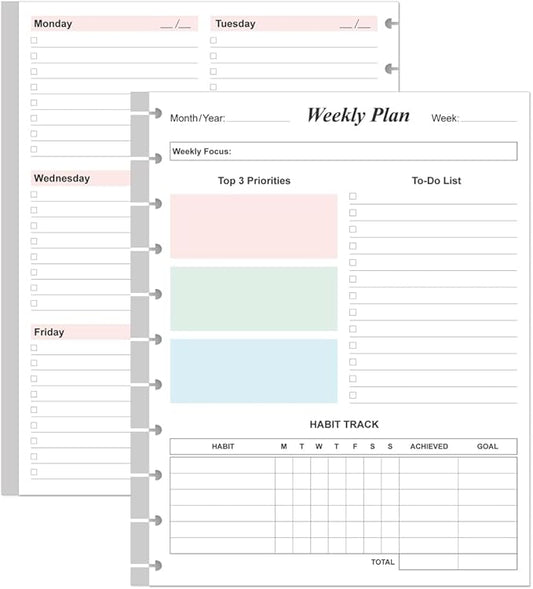 Weekly Planner Undated Refills - Letter Size 53 Sheets/106 Pages Colorful Weekly Planner for 11-Disc Discbound, TUL, 100 gsm White Paper, 8.5" x 11"
