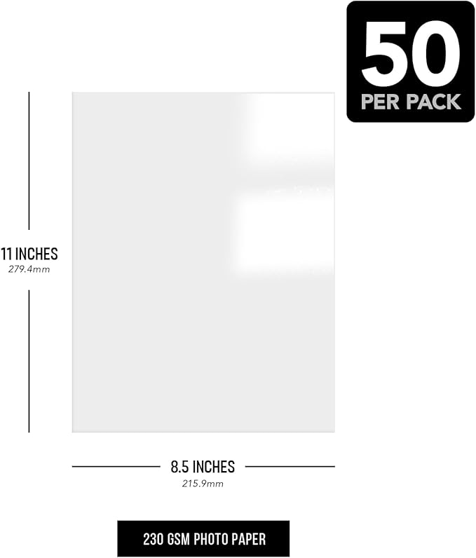 8.5" x 11" Photo Paper for Inkjet & Laser Printers - Extra Thick, High Gloss for Full Color Printing - Premium White Glossy, Instant Dry Paper for Everyday Pictures, Albums - 50 Sheets per Pack