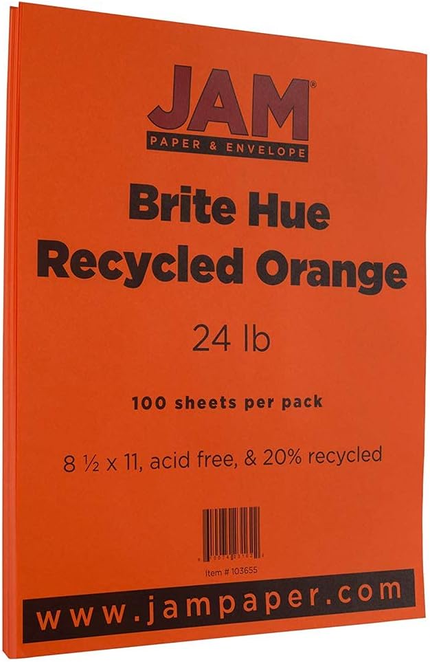 JAM PAPER Colored 24lb Paper - 90 gsm - 8.5 x 11 - Orange Recycled - 50 Sheets/Pack
