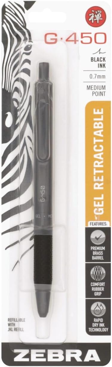 Zebra Pen G-450 Retractable Gel Pen, Black Brass Barrel, Medium Point, 0.7mm, Black Ink, 1-Pack (49511)