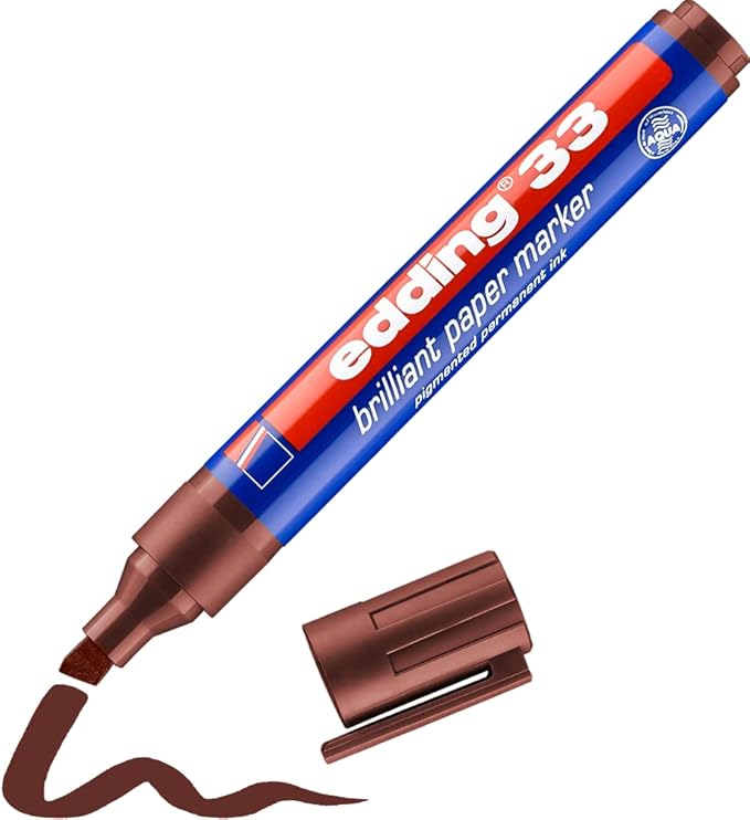 edding 33 brilliant paper marker - brown - 1 waterproof permanent marker - chisel nib 1-5 mm - vibrant colours - lightfast marking on paper, card, cardboard, plastic, metal and glass