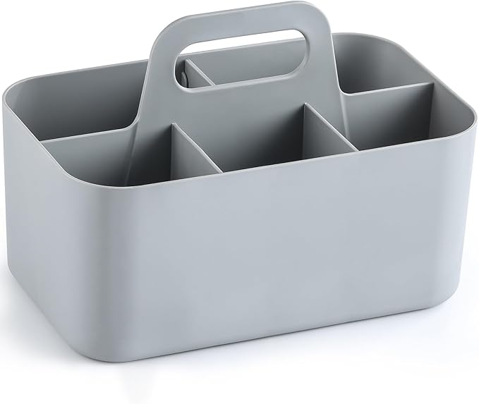 Multiuse Caddy Organizer with Handle - Stackable Plastic Tote Bin - Art Craft Supplies, Office, Desk, Stationery Pen Holder, Kitchen, Utensil, Makeup, Bathroom, Shower, Cleaning, Dorm Organizer - Grey